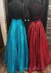 Fantasy Semi Formal Prom Dresses, Princess A-line Bateau Sleeveless Sequined Long/Floor-Length Semi Formal Prom Dress